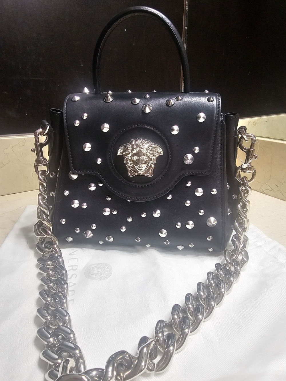 Versace Black Studded Leather Crossbody Bag with Silver Chain